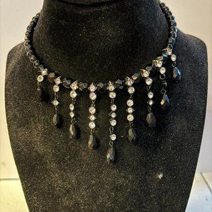 Evening Black Bead Wire Collar Necklace with Rhinestone Dangles